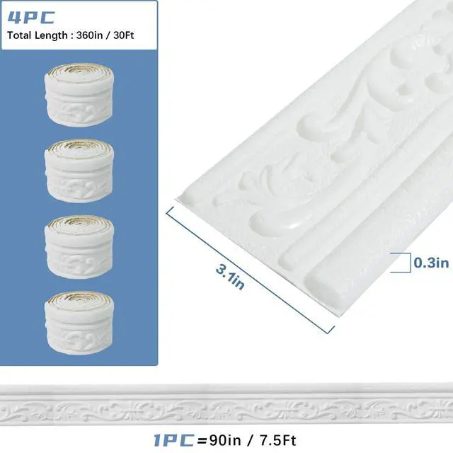 Alt view image 2 of 6 - 360" x 3.1" Peel Stick Foam Molding Trim Self Adhesive, Crown Molding Wallpaper Border Flexible, 3D Wall Edging Lines Foam Baseboard, Wall Trim for Home, White, 4PC