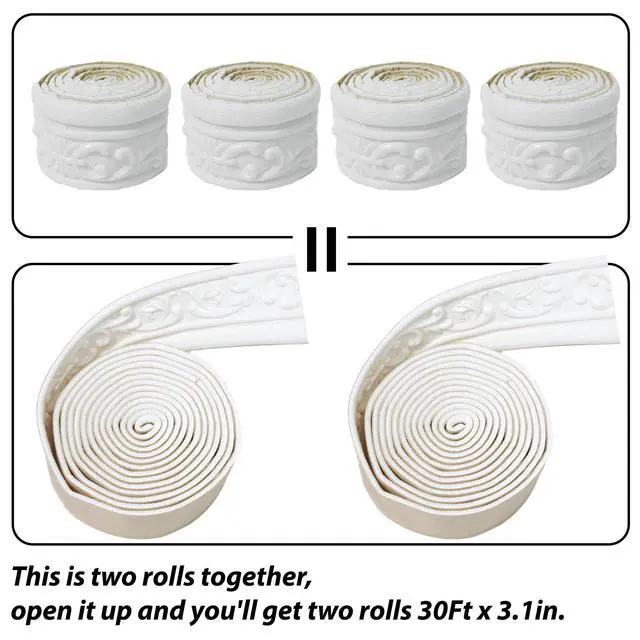 Alt view image 3 of 6 - 360" x 3.1" Peel Stick Foam Molding Trim Self Adhesive, Crown Molding Wallpaper Border Flexible, 3D Wall Edging Lines Foam Baseboard, Wall Trim for Home, White, 4PC