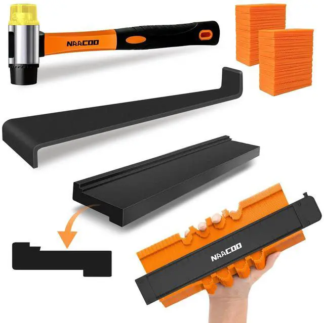 Main image of Laminate Flooring Tools, Universal 5 in 1 Floor Installation Kit | Tapping Block-Double Sided with Notches,10In Contour Gauge,Pull Bar,40Pcs Floor Spacers,Rubber Mallet