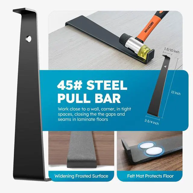 Alt view image 4 of 6 - Laminate Flooring Tools, Universal 5 in 1 Floor Installation Kit | Tapping Block-Double Sided with Notches,10In Contour Gauge,Pull Bar,40Pcs Floor Spacers,Rubber Mallet