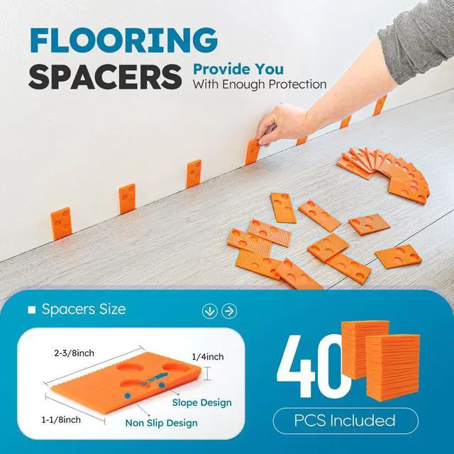 Alt view image 5 of 6 - Laminate Flooring Tools, Universal 5 in 1 Floor Installation Kit | Tapping Block-Double Sided with Notches,10In Contour Gauge,Pull Bar,40Pcs Floor Spacers,Rubber Mallet