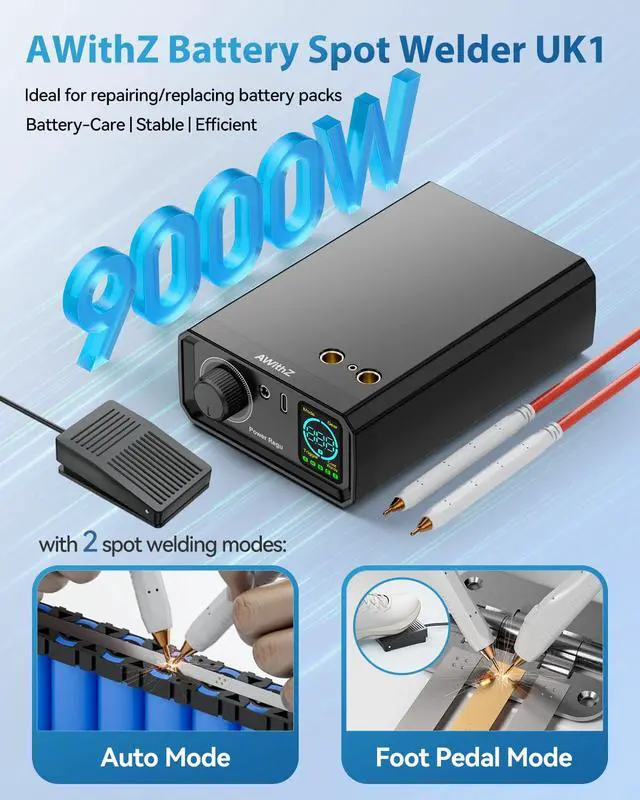 Alt view image 2 of 6 - 9000W Battery Spot Welder, Rotary Knob Operation 100 Gears Adjustable Foot Pedal Operated, 0.1-0.3mm Spot Welder with Dual Pulse Output, Portable Spot Welder for Making DIY Battery Packs (UK1)