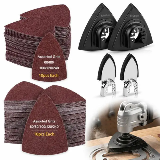 Alt view image 2 of 6 - Oscillating Tool Sanding Pad Kit, 106Pcs Multi Tool Sanding Pads with 2 Triangle Sanding Pads, 2 Finger Sanding Pads, 100 Sandpaper Sheets, 60-240 Grit for Wood Metal Plaster Grinding Polishing