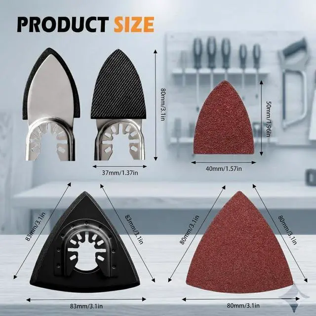 Alt view image 3 of 6 - Oscillating Tool Sanding Pad Kit, 106Pcs Multi Tool Sanding Pads with 2 Triangle Sanding Pads, 2 Finger Sanding Pads, 100 Sandpaper Sheets, 60-240 Grit for Wood Metal Plaster Grinding Polishing