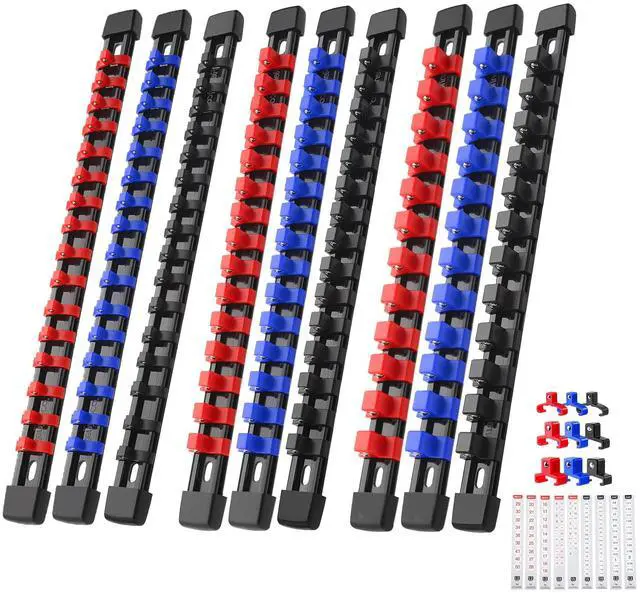 Main image of 9-Pack Socket Organizer Set, 1/4" x 48 3/8" x 45 1/2" x 36 Clips | 129 Clip Capacity, Havy-Duty ABS Socket Rails, Removable Clips, Drive Socket Storage, Toolbox Drawer or Wall Mount