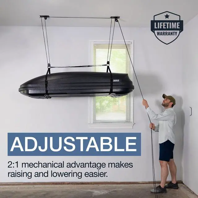 Alt view image 2 of 6 - Cargo Box Pulley System Heavy-Duty Garage Hoist Lift for Rooftop Carriers Garage Storage & Garage Organization Ceiling Hoist with Pulley Holds 150 lbs - Fits 810 ft Ceilings