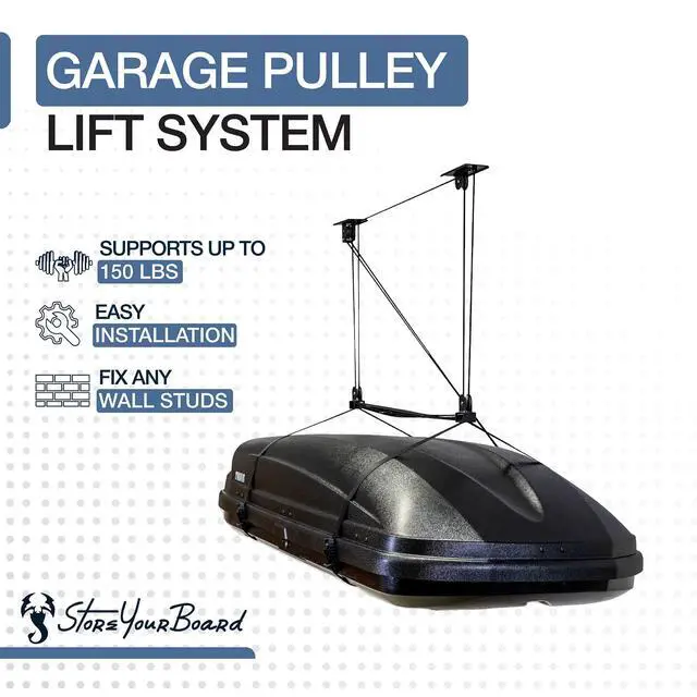 Alt view image 4 of 6 - Cargo Box Pulley System Heavy-Duty Garage Hoist Lift for Rooftop Carriers Garage Storage & Garage Organization Ceiling Hoist with Pulley Holds 150 lbs - Fits 810 ft Ceilings