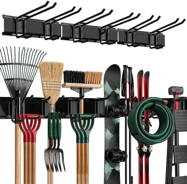 Main image of Garage Wall Organizer, Shovel Holder Wall Mount, 48" Double Hooks | 300 lbs, adjustable double-layer tool hangers for garage wall, holds ladders, shovels, rakes, hoses & power tools