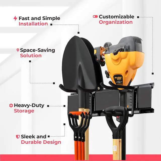 Alt view image 5 of 6 - Garage Wall Organizer, Shovel Holder Wall Mount, 48" Double Hooks | 300 lbs, adjustable double-layer tool hangers for garage wall, holds ladders, shovels, rakes, hoses & power tools