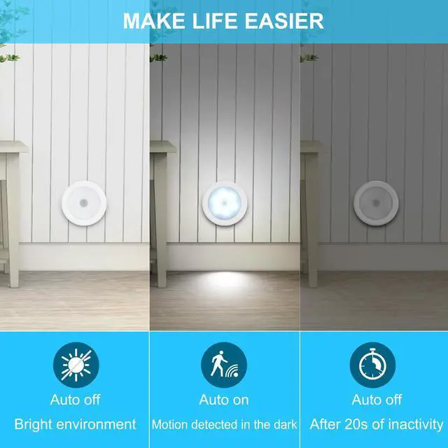 Alt view image 2 of 6 - 4 Pack Motion Sensor LED Night Light, Cordless Battery-Powered Stick-on Magnet Closet Lights, Safe Lights for Stairs, Cabinet, Cool White
