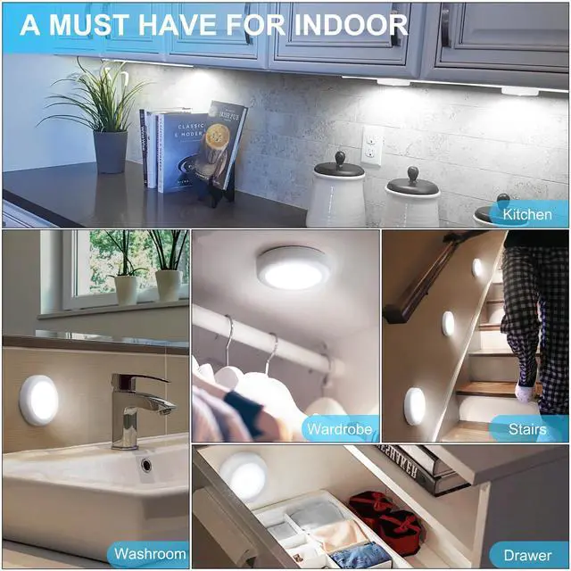Alt view image 6 of 6 - 4 Pack Motion Sensor LED Night Light, Cordless Battery-Powered Stick-on Magnet Closet Lights, Safe Lights for Stairs, Cabinet, Cool White