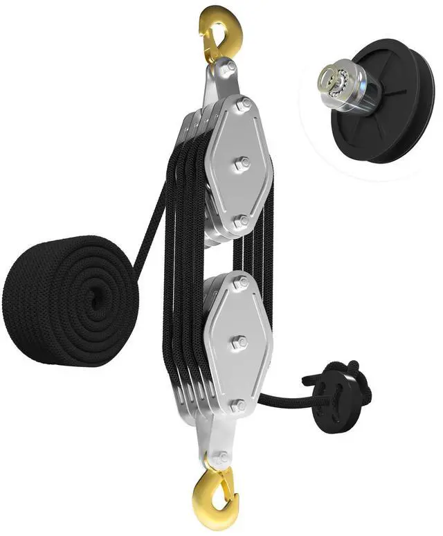 Main image of Rope Hoist Pulley System, 4400LB Pulley Block and Tackle, 8:1 Ratio Lifting Power 65ft, Heavy Duty Pulley Block for Hunting Lifting Heavy Objects Garage Warehouses Building