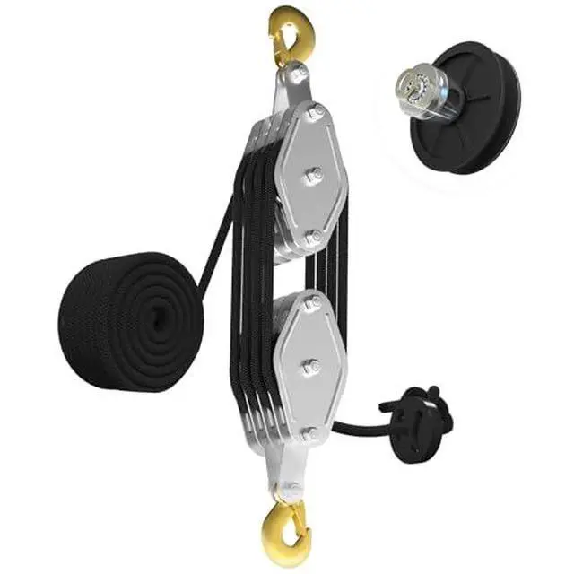 Alt view image 2 of 5 - Rope Hoist Pulley System, 4400LB Pulley Block and Tackle, 8:1 Ratio Lifting Power 65ft, Heavy Duty Pulley Block for Hunting Lifting Heavy Objects Garage Warehouses Building