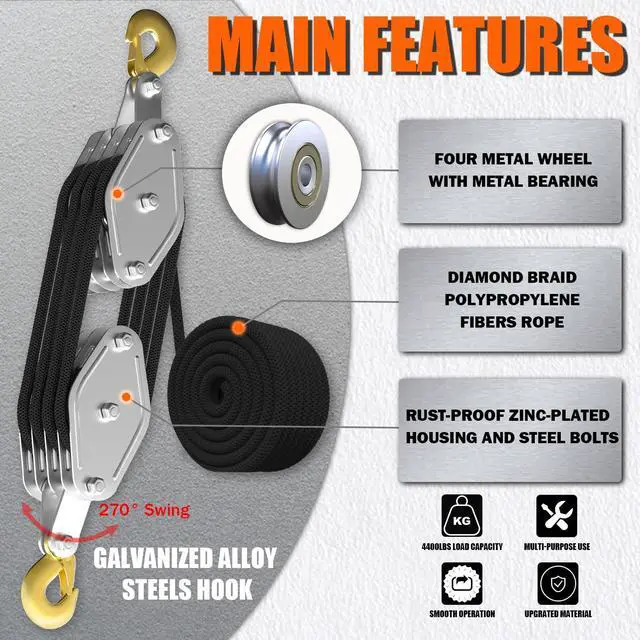 Alt view image 3 of 5 - Rope Hoist Pulley System, 4400LB Pulley Block and Tackle, 8:1 Ratio Lifting Power 65ft, Heavy Duty Pulley Block for Hunting Lifting Heavy Objects Garage Warehouses Building