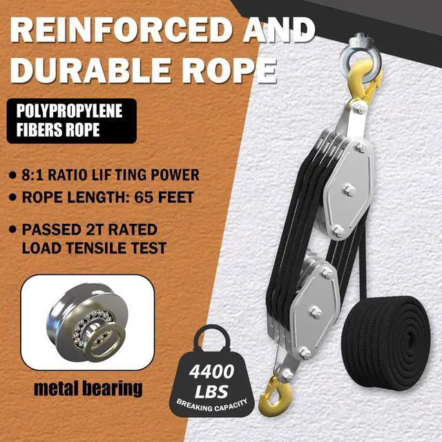 Alt view image 4 of 5 - Rope Hoist Pulley System, 4400LB Pulley Block and Tackle, 8:1 Ratio Lifting Power 65ft, Heavy Duty Pulley Block for Hunting Lifting Heavy Objects Garage Warehouses Building