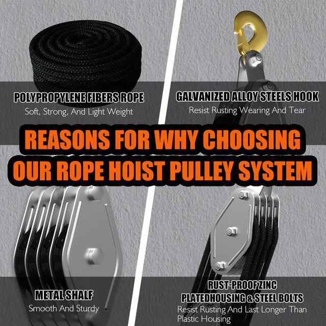 Alt view image 5 of 5 - Rope Hoist Pulley System, 4400LB Pulley Block and Tackle, 8:1 Ratio Lifting Power 65ft, Heavy Duty Pulley Block for Hunting Lifting Heavy Objects Garage Warehouses Building