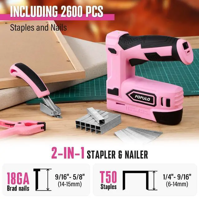Alt view image 2 of 6 - Pink Electric Staple Gun, 4V Cordless Battery Powered Staple Gun, 2-in-1 Electric Stapler & Brad Nailer with 2600 Staples & Nails, USB-C Rechargeable for Upholstery, Wood, Crafts & DIY