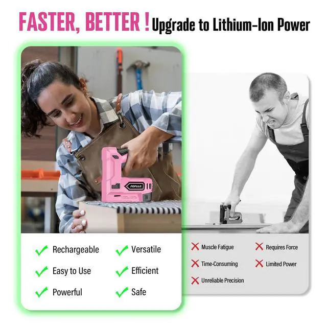 Alt view image 3 of 6 - Pink Electric Staple Gun, 4V Cordless Battery Powered Staple Gun, 2-in-1 Electric Stapler & Brad Nailer with 2600 Staples & Nails, USB-C Rechargeable for Upholstery, Wood, Crafts & DIY