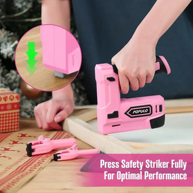 Alt view image 5 of 6 - Pink Electric Staple Gun, 4V Cordless Battery Powered Staple Gun, 2-in-1 Electric Stapler & Brad Nailer with 2600 Staples & Nails, USB-C Rechargeable for Upholstery, Wood, Crafts & DIY