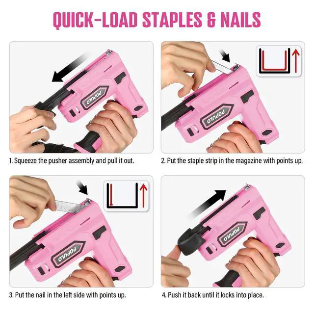 Alt view image 6 of 6 - Pink Electric Staple Gun, 4V Cordless Battery Powered Staple Gun, 2-in-1 Electric Stapler & Brad Nailer with 2600 Staples & Nails, USB-C Rechargeable for Upholstery, Wood, Crafts & DIY