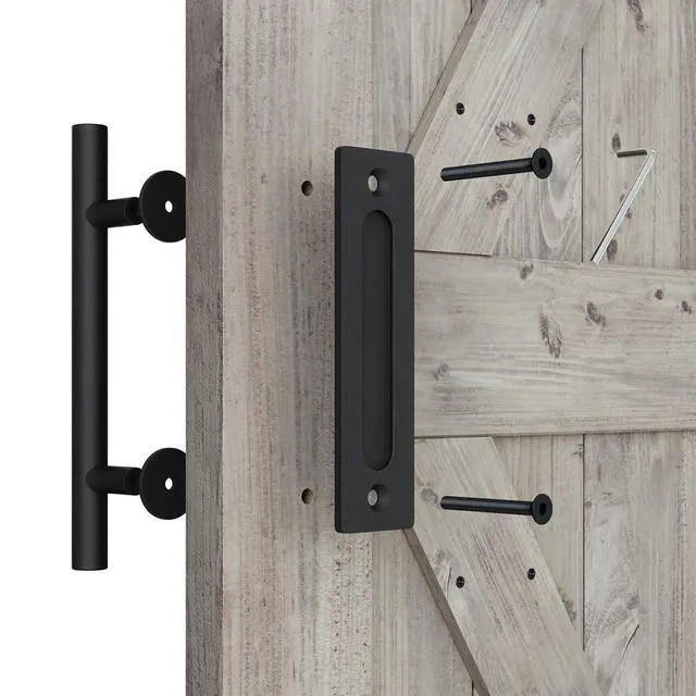 Alt view image 2 of 6 - 12" Heavy Duty Barn Door Handle, Black, Two-Side Design,Round | Pull and Flush Hardware Set, Black Powder Coated Finish, Large Rustic Two-Side Design
