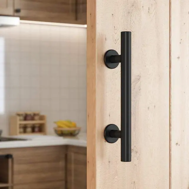 Alt view image 4 of 6 - 12" Heavy Duty Barn Door Handle, Black, Two-Side Design,Round | Pull and Flush Hardware Set, Black Powder Coated Finish, Large Rustic Two-Side Design