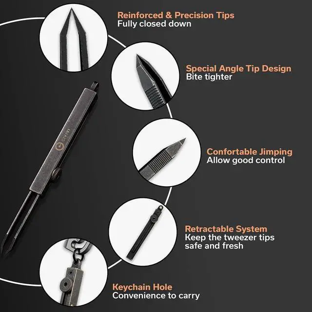 Alt view image 3 of 6 - Precision Tweezers, Retractable Sharp Pointed Splinter Removal Tool | Tac-N-Tweeze Tweezers with Locking Mechanism, Leather Sheath, Portable Keychain Edc for Men Women C19062B-A