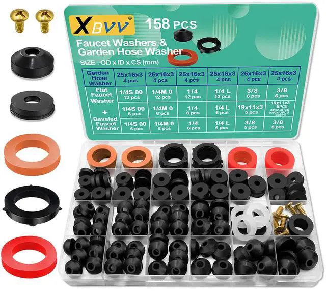 Main image of 158 Pcs Faucet Rubber Washers and Garden Hose Gasket Assortment Kit for Assorted Outdoor Faucets Stem Worn and Plumbing Garden Shower Hose Washer Seal Repair