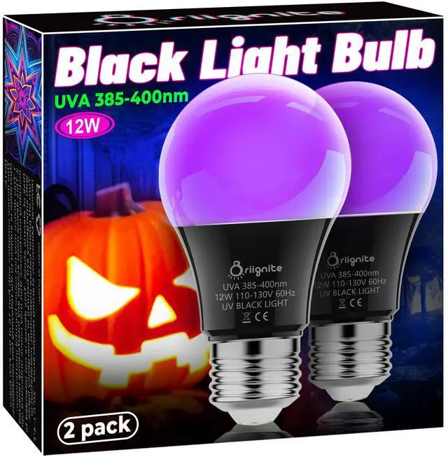 Main image of Black Light Bulbs LED Black Light for Halloween Decoration 2 Pack | 12W Black Light Bulb UVA 385-400nm UV Light, A19 Blacklight Bulb for Glow in Dark, Body Paint Fluorescent Poster Glow Party