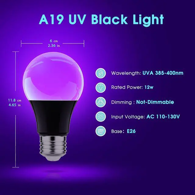Alt view image 6 of 6 - Black Light Bulbs LED Black Light for Halloween Decoration 2 Pack | 12W Black Light Bulb UVA 385-400nm UV Light, A19 Blacklight Bulb for Glow in Dark, Body Paint Fluorescent Poster Glow Party
