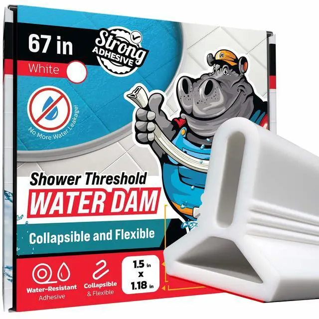 Main image of 67" White Shower Threshold Water Dam Barrier, 1.5" Tall Water Stopper Strip | Flexible 1.5-inch-tall door seal helps contain splashes, block leaks and keep bathroom floors dry around walk-in showers