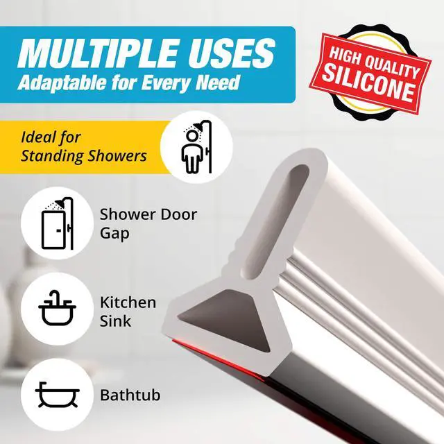 Alt view image 5 of 6 - 67" White Shower Threshold Water Dam Barrier, 1.5" Tall Water Stopper Strip | Flexible 1.5-inch-tall door seal helps contain splashes, block leaks and keep bathroom floors dry around walk-in showers