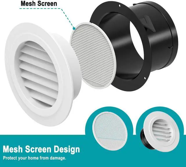 Alt view image 2 of 6 - 6 Inch Soffit Vent Cover Round ABS Louver with Built-in Screen Mech for Attic, Bathroom, Garage & Dryer Duct Ventilation (150mm,White)