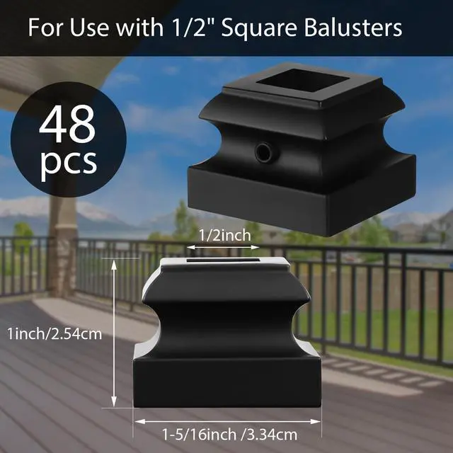 Alt view image 2 of 6 - 48 Pcs Iron Baluster Shoes Stair Flat Shoe with Screw for 1/2 Inch Square Scroll Basket Twist Knuckle Staircase Balusters Metal Spindle Railing, Satin Black
