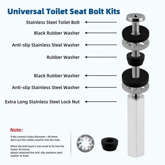 Alt view image 4 of 6 - 2 PCS Universal All-Metal Toilet Seat Bolts, 3 Inch Toilet Screw | Heavy-Duty Toilet Seat Locking Bolt with Steel Downlock Nut & Anti-Slip Gasket, Compatible with Kohler/American Standard/TOTO