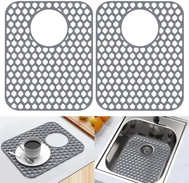 Main image of 2 Pack Silicone Sink Protector Mat for Kitchen Sink Rear Drian Gray | 13-9/16" x 11-5/8" Non-Slip Heat-resistant and Durable Silicone Grid
