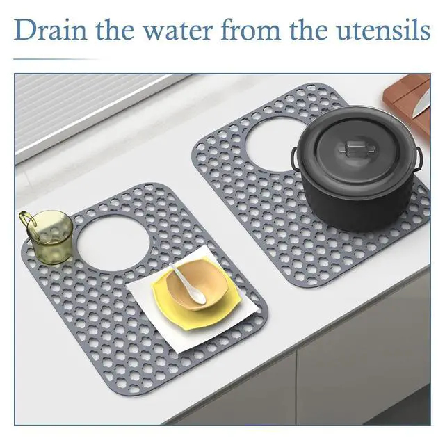 Alt view image 3 of 6 - 2 Pack Silicone Sink Protector Mat for Kitchen Sink Rear Drian Gray | 13-9/16" x 11-5/8" Non-Slip Heat-resistant and Durable Silicone Grid