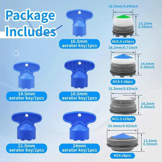 Alt view image 2 of 6 - 36Pcs Faucet Aerator Kit with 5 Sizes Aerator Key Removal Tools, Replacement Sink Tap Flow Restrictor Inserts for Bathroom and Kitchen, M16.5 M18.5 M21.5 M24 mm