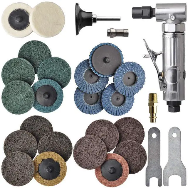 Main image of 1/4 inch angle air die grinder with 22 pcs 2-inch quick change sanding discs, polished color angle pneumatic die grinder, air die grinder kit