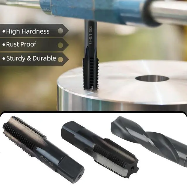 Alt view image 3 of 6 - 3/4-14 NPT Pipe Tap and 59/64" drill Set, Carbon Steel Hand Threading Plumbing Tap Set for Plumbers Mechanics DIY Thread cutting tools