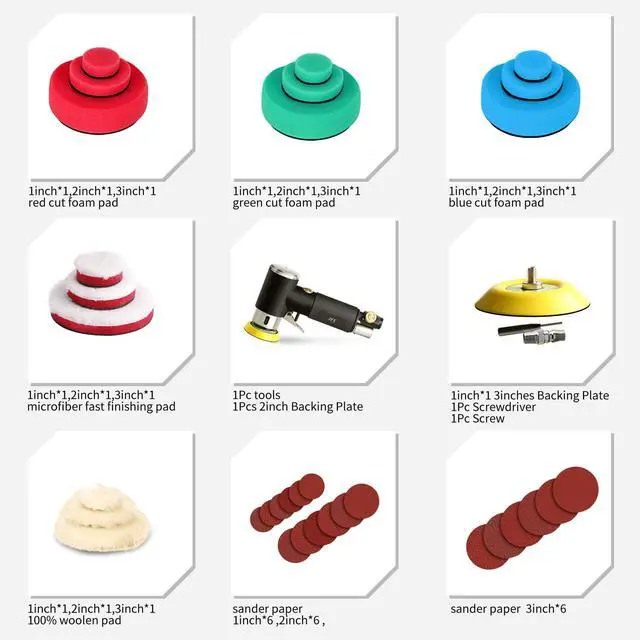 Alt view image 2 of 6 - 1/2/3 Inch Random Orbital Air Sander, Mini Pneumatic Sander for Auto Body Work, High Speed Air Powered Polisher with 15 Polishing Buffing Pads,18 Sandpapers