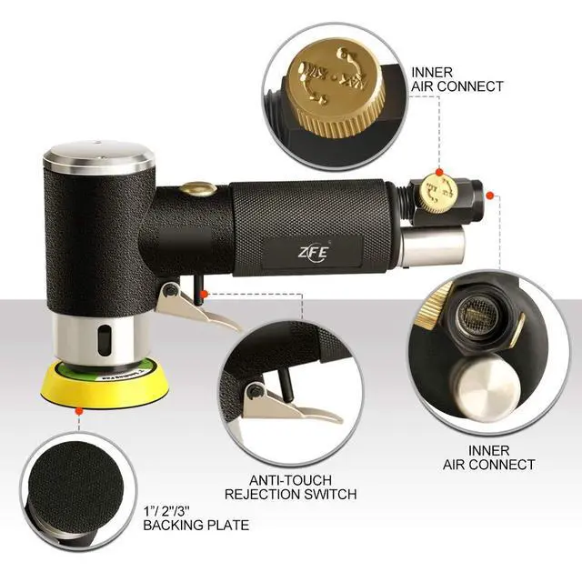 Alt view image 4 of 6 - 1/2/3 Inch Random Orbital Air Sander, Mini Pneumatic Sander for Auto Body Work, High Speed Air Powered Polisher with 15 Polishing Buffing Pads,18 Sandpapers