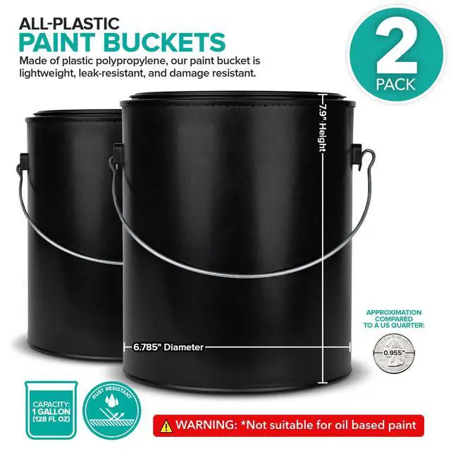 Alt view image 2 of 6 - All-Plastic Paint Can (2 Pack) - Gallon Bucket with Metal Handle - Small Bucket with Airtight Seal - Rust Proof Plastic Paint Container with Lid - Reusable Paint Storage Container