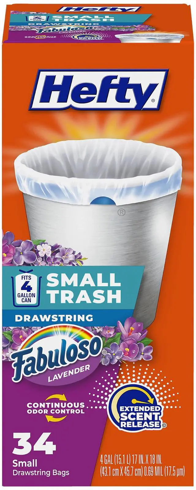Main image of 4 Gallon Small Trash Bags, White, Fabuloso Lavender Scent, 34ct | Drawstring Closure, 4G Small White Trash Bags for Bathrooms, Dorm Rooms, Home Offices, Scented, Continuous Odor Control
