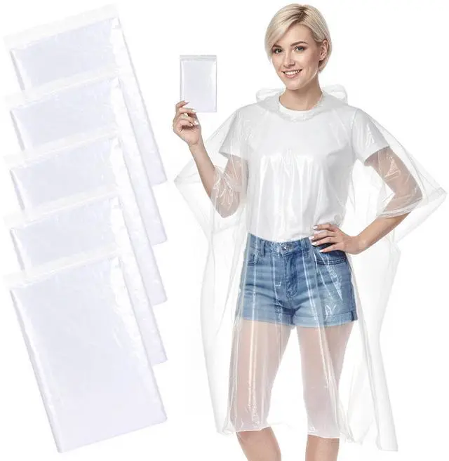 Main image of Disposable Rain Ponchos for Adults Emergency Ponchos for Camping, Hiking, and Travel (Clear, 5-Pack)