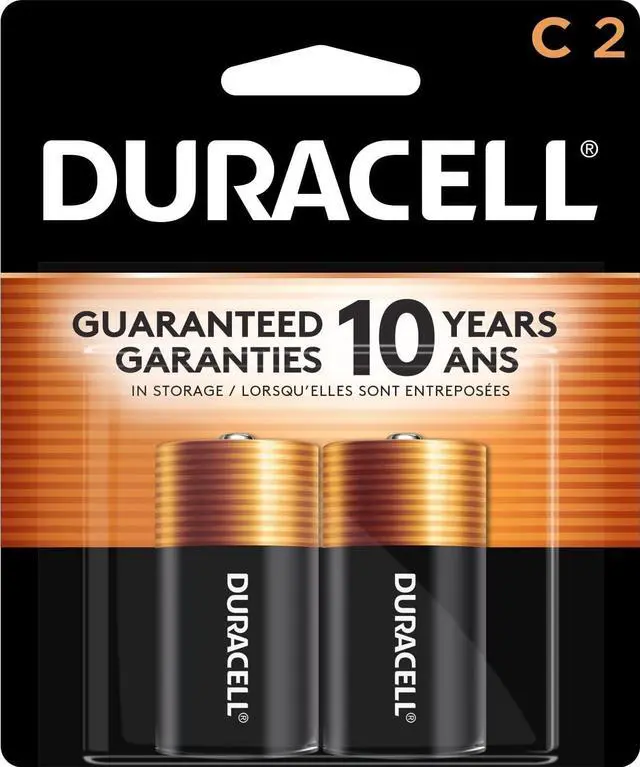 Main image of C-size batteries, 2-pack, 10-year shelf life, long-lasting durability.