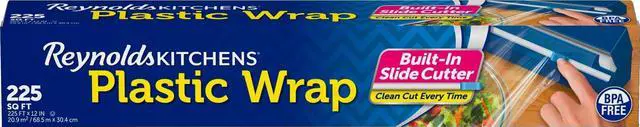 Main image of Clear plastic cling wrap with built-in sliding cutter, 225 square feet.