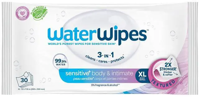 Main image of Full-body cleansing wipes for sensitive skin, containing 99.9% purified water; extra-large, textured wipes suitable for incontinence care; fragrance-free; pack of 30.