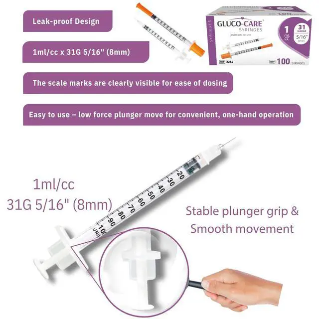 Alt view image 7 of 7 - 1mL Syringe, 31G x 5/16" (8mm), orange cap, 100 count/box | Fine needle tip; suitable for home and laboratory use; transparent barrel with clear, bold graduations; smooth-gliding plunger (with safety