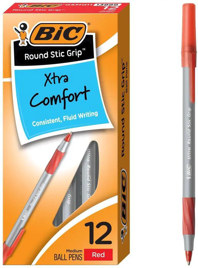 Main image of Round Stic Grip Xtra Comfort Red Ballpoint Pens, 12-Count, 1.2mm | Medium Point Pens for Smooth Writing | Soft Grip for Comfort | Ideal for School, Office, Or Home